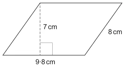 Parallelogram with base 9·8 cm, slanted side 8 cm and perpendicular height 7 cm shown by a dashed line