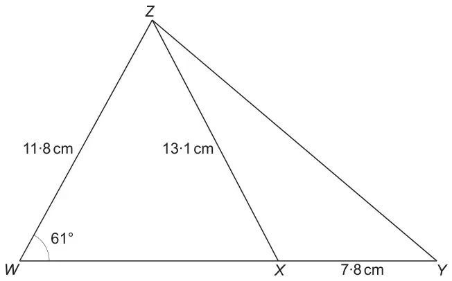 Triangle WZY with X on WY; WZ = 11.8 cm, ZX = 13.1 cm, XY = 7.8 cm, angle ZWX = 61 degrees