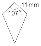 A kite with a top angle of 107 degrees between its two short sides, each 11 mm