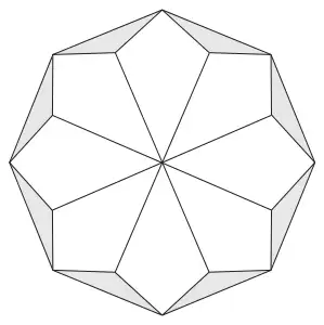 Regular octagon containing 8 kites meeting at the centre, with 8 shaded triangles between the kites and the sides of the octagon