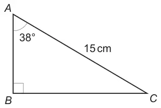 Right-angled triangle ABC with the right angle at B, angle BAC = 38 degrees and hypotenuse AC = 15 cm