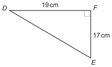 Right-angled triangle DFE with the right angle at F, DF = 19 cm and FE = 17 cm