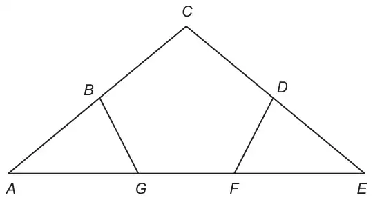 Triangle ACE with base AE; B lies on AC, D on CE, and G and F on AE, so that BCDFG is a pentagon