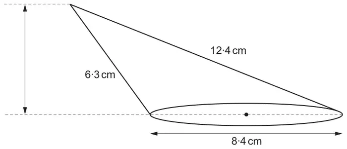 Oblique cone with base diameter 8.4 cm; the apex is joined to the two ends of the diameter by slant edges of 6.3 cm and 12.4 cm; the perpendicular height is marked to the left