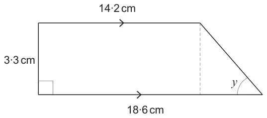 Right-angled trapezium with parallel sides 14.2 cm (top) and 18.6 cm (bottom), height 3.3 cm, and angle y between the sloping side and the 18.6 cm side