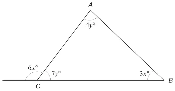 Triangle ABC with angle 4y degrees at A, 3x degrees at B and 7y degrees at C; BC is extended beyond C, where the exterior angle is 6x degrees