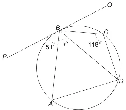 Circle through A, B, C and D with tangent PQ at B; angle PBA is 51°, angle ABD is w° and angle BCD is 118°