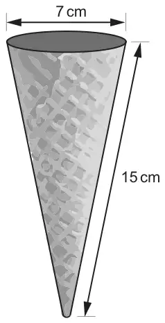 An ice cream cone with top diameter 7 cm and slant length 15 cm