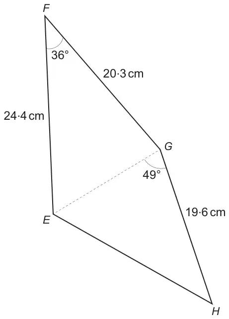 Quadrilateral EFGH split by dashed diagonal EG; FE = 24.4 cm, FG = 20.3 cm, angle EFG = 36 degrees, GH = 19.6 cm, angle EGH = 49 degrees