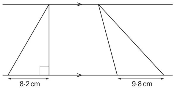 Two parallel lines. Between them, a right-angled triangle with base 8.2 cm and an obtuse-angled triangle with base 9.8 cm, each with its base on the lower line and its top vertex on the upper line