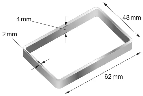 Bracelet in the shape of a hollow rectangular frame, 62 mm long and 48 mm wide on the outside; the metal band is 4 mm high and 2 mm thick