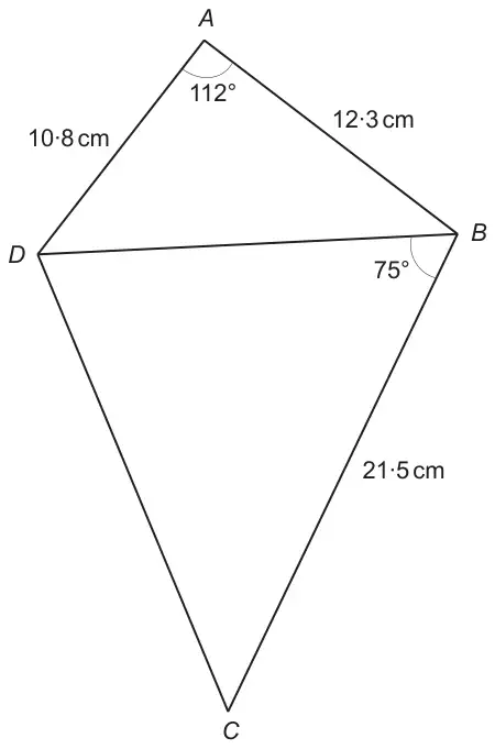 Quadrilateral ABCD split by diagonal DB; AD = 10·8 cm, AB = 12·3 cm, angle DAB = 112°, BC = 21·5 cm and angle DBC = 75°
