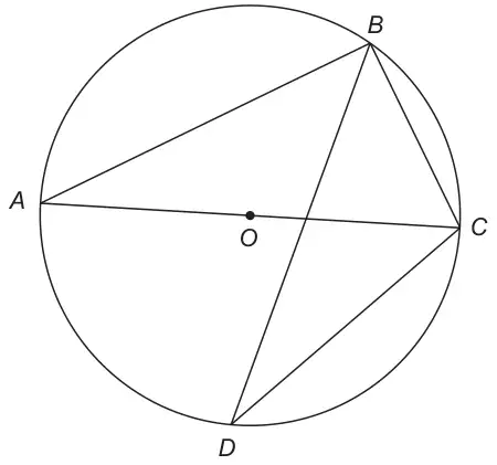 Circle with centre O; AC is a diameter through O; B and D are on opposite sides of AC; chords AB, BC, BD and CD are drawn
