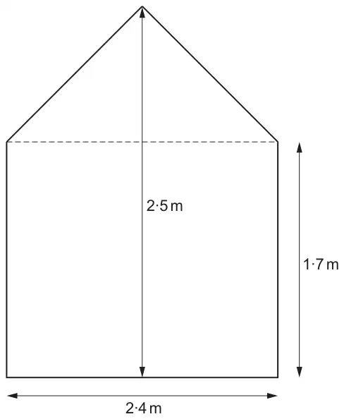 Cross-section of the shed: a rectangle 2·4 m wide with walls 1·7 m high, topped by a symmetrical triangular roof; the total height to the apex is 2·5 m