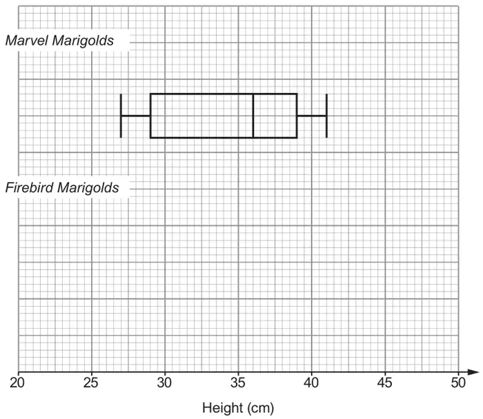 Grid with height axis 20 to 50 cm; box plot for Marvel Marigolds with whiskers from 27 to 41, box from 29 to 39 and median 36; an empty space labelled Firebird Marigolds below