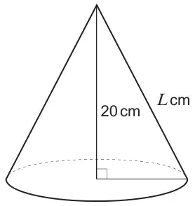 Cone with vertical height 20 cm drawn from the apex to the centre of the base, at right angles to a radius; the slant height is L cm