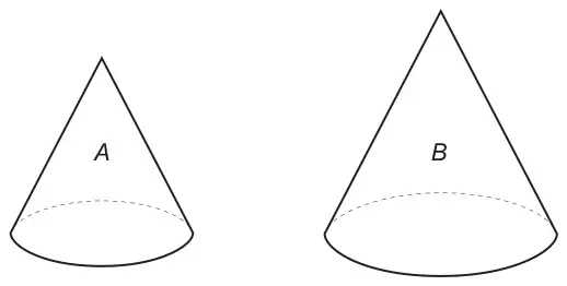 Two similar cones: a smaller cone A and a larger cone B