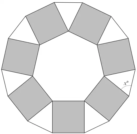 A regular seven-sided polygon surrounded by seven grey squares, with an isosceles triangle between each pair of neighbouring squares; one base angle of a triangle is marked x°