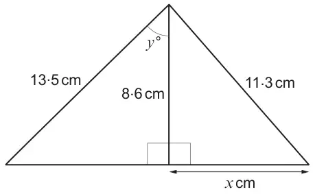 Two right-angled triangles sharing a vertical side of 8.6 cm. Left triangle: hypotenuse 13.5 cm, angle y° at the top between the hypotenuse and the 8.6 cm side. Right triangle: hypotenuse 11.3 cm, base x cm