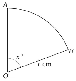 Sector OAB of a circle with centre O, radius r cm and angle x° at O