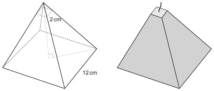 Two drawings of a square-based pyramid: the first shows the large pyramid with base side 12 cm and a small pyramid at the top with base side 2 cm; the second shows the candle with the top removed and the wick showing