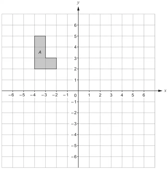 Coordinate grid, x and y from -6 to 6, with L-shaped shape A with vertices (-4, 2), (-4, 5), (-3, 5), (-3, 3), (-2, 3), (-2, 2)