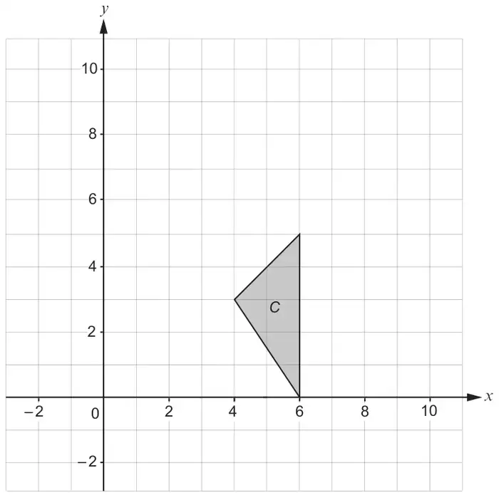 Coordinate grid, x and y from -2 to 10, with triangle C with vertices (4, 3), (6, 5), (6, 0)