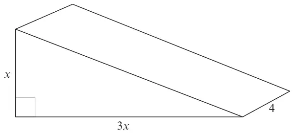 Triangular prism; the right-angled triangular cross-section has height x and base 3x, and the prism has length 4