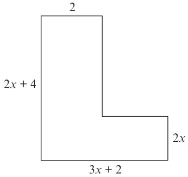 L-shaped shape: top width 2, left side 2x + 4, bottom 3x + 2, right side 2x