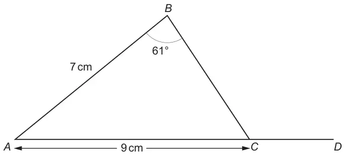 Triangle ABC with AB = 7 cm, AC = 9 cm and angle ABC = 61°; AC is extended to D
