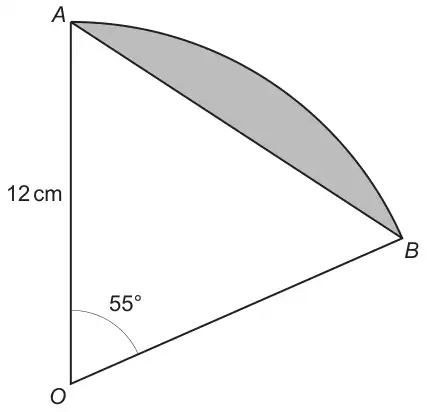 Sector OAB of a circle with centre O, radius 12 cm and angle AOB = 55°; the segment between chord AB and the arc is shaded