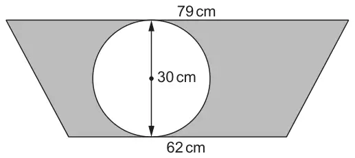 Trapezium with parallel sides 79 cm (top) and 62 cm (bottom), shaded, with a white circle of diameter 30 cm touching both parallel sides