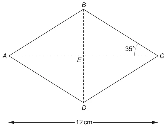Rhombus ABCD with diagonals AC and BD (dashed) meeting at E; angle BCE marked 35°; AC is 12 cm
