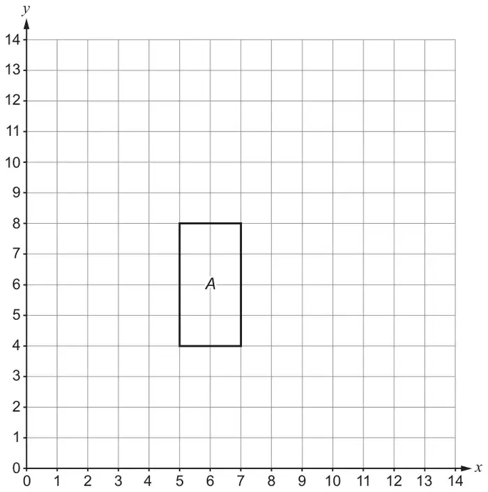 Grid with x and y from 0 to 14; rectangle A has vertices (5, 4), (7, 4), (7, 8) and (5, 8)