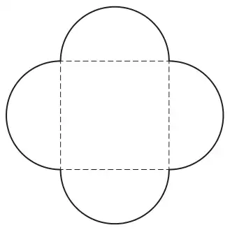 A square, shown with dashed sides, with a semi-circle on each of its four sides