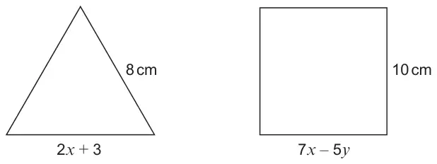 An equilateral triangle with one side labelled 8 cm and base labelled 2x + 3; a square with one side labelled 10 cm and base labelled 7x - 5y