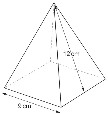 Square-based pyramid with base edge 9 cm; slant height of a triangular face 12 cm, drawn from the apex to the midpoint of a base edge