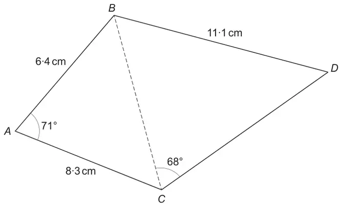 Quadrilateral ABDC with diagonal BC dashed; AB = 6·4 cm, AC = 8·3 cm, angle BAC = 71°, BD = 11·1 cm, angle BCD = 68°