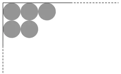 Corner of the card with five circles cut touching each other: three in the top row and two below, starting from the corner