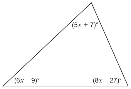 Triangle with angles (5x + 7)°, (6x − 9)° and (8x − 27)°