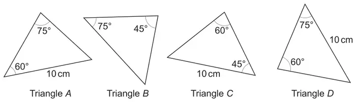 Triangle A: angles 75° and 60°, side 10 cm; Triangle B: angles 75° and 45°; Triangle C: angles 60° and 45°, side 10 cm; Triangle D: angles 75° and 60°, side 10 cm