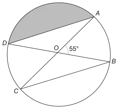 Circle with centre O; diameters AC and BD; angle AOB = 55°; chords AD and BC drawn; the segment between chord AD and the arc AD is shaded