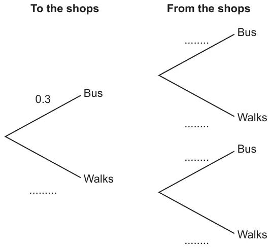 Tree diagram. To the shops: Bus 0.3, Walks blank. From the shops, after each branch: Bus blank, Walks blank