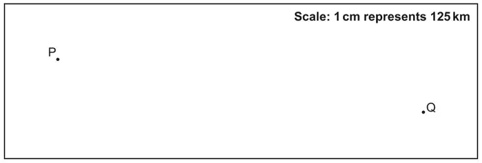 Scale diagram in a box labelled Scale: 1 cm represents 125 km, with point P near the top left and point Q to the lower right
