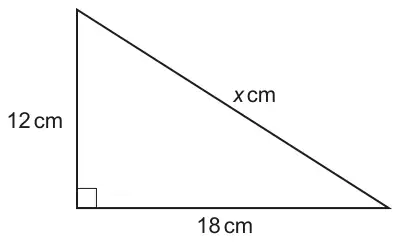 Right-angled triangle with the right angle at the bottom left; vertical side 12 cm, horizontal side 18 cm and hypotenuse x cm