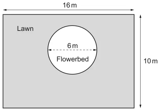Rectangle 16 m by 10 m, shaded and labelled Lawn, containing an unshaded circle of diameter 6 m labelled Flowerbed