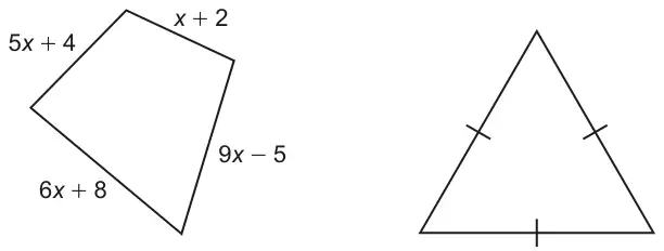 Quadrilateral with sides 5x + 4, x + 2, 9x - 5 and 6x + 8, and an equilateral triangle with three equal sides marked