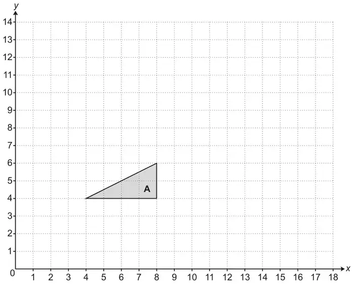 Grid with x from 0 to 18 and y from 0 to 14. Shaded triangle A has vertices at (4, 4), (8, 4) and (8, 6)