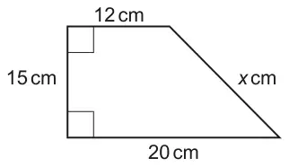 Right-angled trapezium: top side 12 cm, vertical left side 15 cm with right angles at both ends, bottom side 20 cm, and sloping side x cm