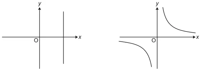Two graphs. First: axes with a vertical straight line to the right of the y-axis. Second: a reciprocal curve with branches in the first and third quadrants